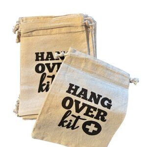 10 pack Hang Over Kit Drawstring Pouch - Natural Canvas with Black Print